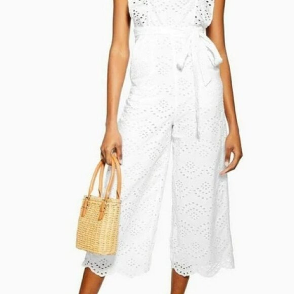 TopShop Broderie Anglaise white ruffle jumpsuit waist tie laser cutout floral 4 - Picture 3 of 16
